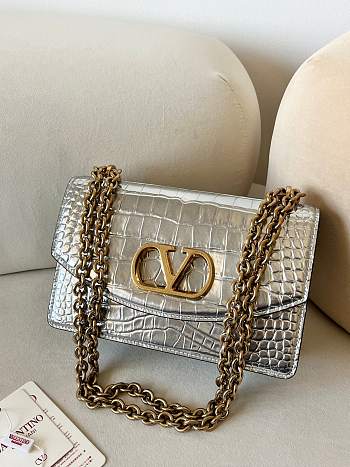  Fortok Valentino Garavani Vain Crocodile Pattern Handbag Silver 24x16x8cm