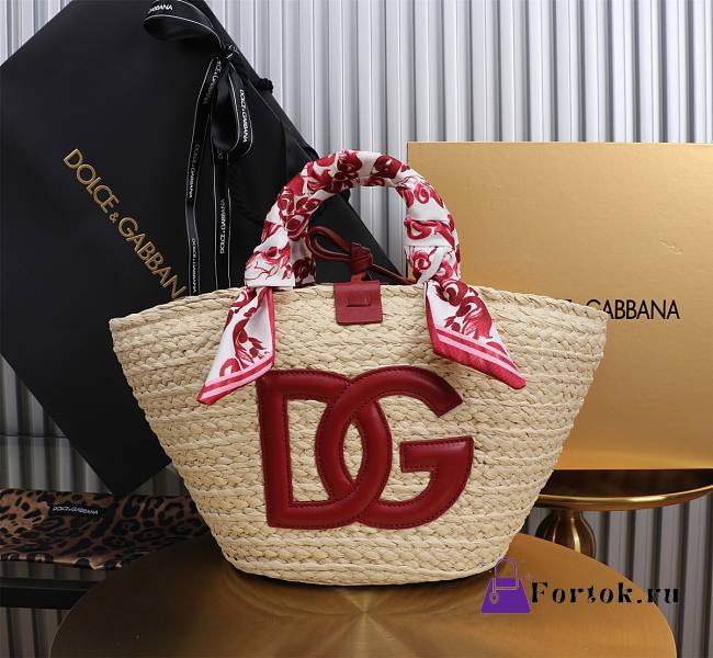 Fortok Dolce & Gabbana Rattan Woven Bag Burgundy Logo 35x26x16cm - 1