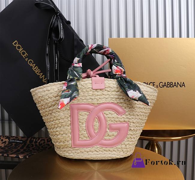 Fortok Dolce & Gabbana Rattan Woven Bag Pink Logo 35x26x16cm - 1