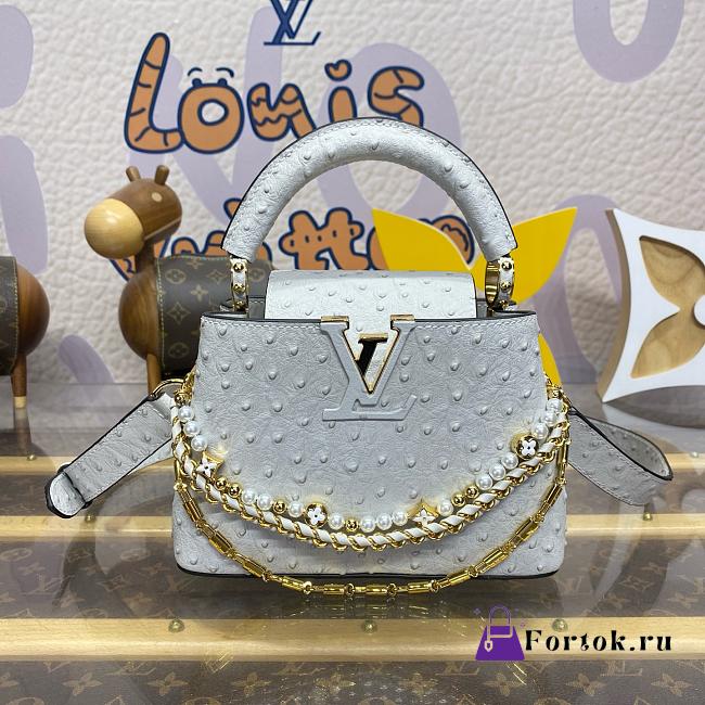 Fortok Louis Vuitton Capucines Mini Handbag Grey Ostrich Pattern and Pearl Chain M11908 21x8x13.6cm - 1