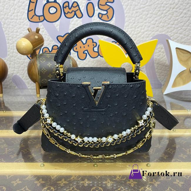 Fortok Louis Vuitton Capucines Mini Handbag Black Ostrich Pattern and Pearl Chain M11908 21x8x13.6cm - 1