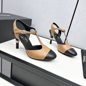 Fortok Chanel Leather CC Logo T-Strap Pumps Brown