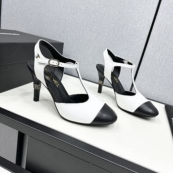 Fortok Chanel Leather CC Logo T-Strap Pumps White
