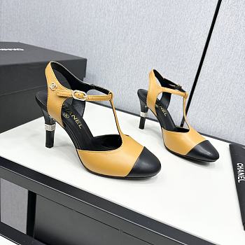 Fortok Chanel Leather CC Logo T-Strap Pumps Yellow