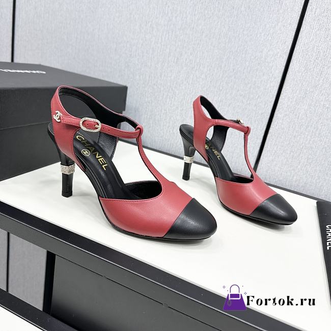 Fortok Chanel Leather CC Logo T-Strap Pumps Red - 1