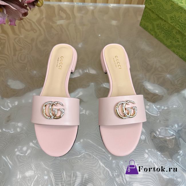 Fortok Gucci Double G Diamond Buckle Flat Slippers Light Pink Leather - 1