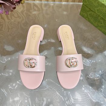Fortok Gucci Double G Diamond Buckle Flat Slippers Light Pink Leather