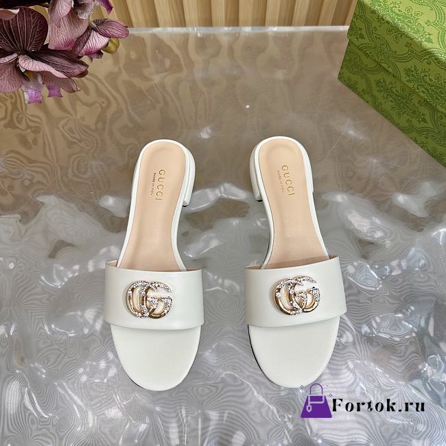 Fortok Gucci Double G Diamond Buckle Flat Slippers White Leather - 1