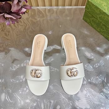 Fortok Gucci Double G Diamond Buckle Flat Slippers White Leather