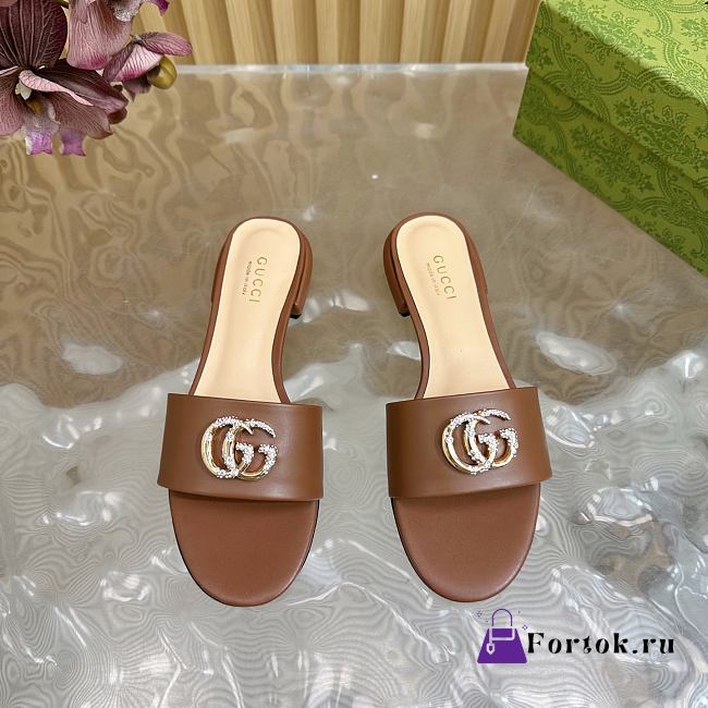 Fortok Gucci Double G Diamond Buckle Flat Slippers Brown Leather - 1