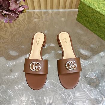 Fortok Gucci Double G Diamond Buckle Flat Slippers Brown Leather