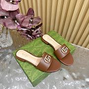 Fortok Gucci Double G Diamond Buckle Flat Slippers Brown Leather - 4