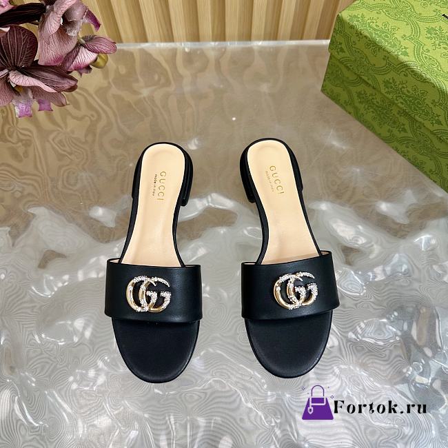 Fortok Gucci Double G Diamond Buckle Flat Slippers Black Leather - 1