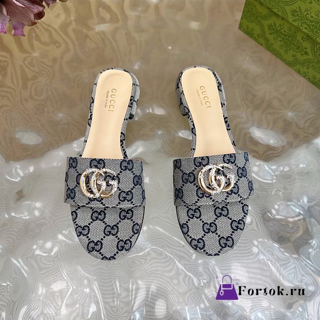 Fortok Gucci Double G Diamond Buckle Flat Slippers Beige & Blue - 1