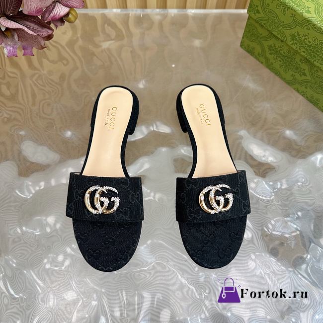 Fortok Gucci Double G Diamond Buckle Flat Slippers Black - 1