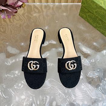 Fortok Gucci Double G Diamond Buckle Flat Slippers Black