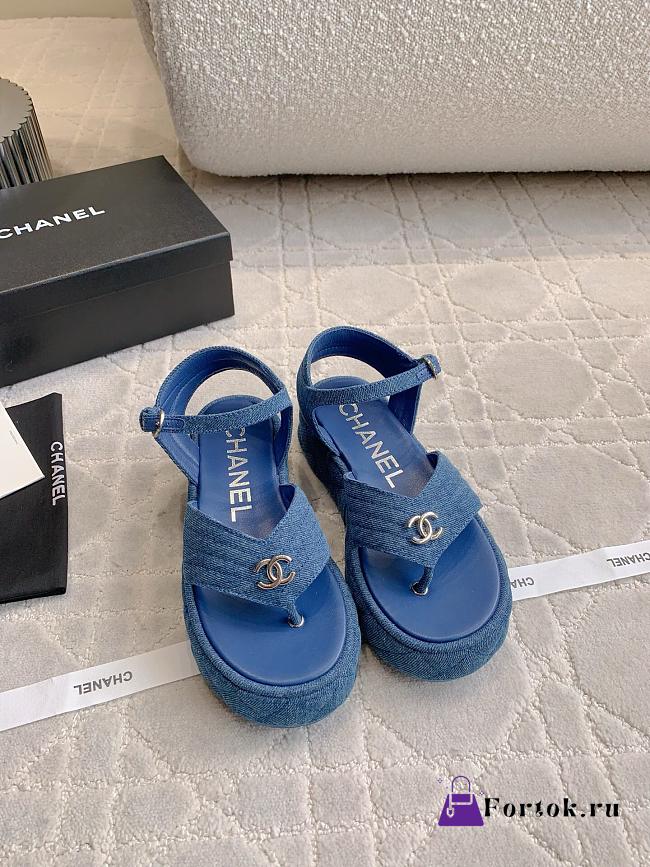 Fortok Chanel Toe-clip Thick-soled Sandals Blue Denim - 1