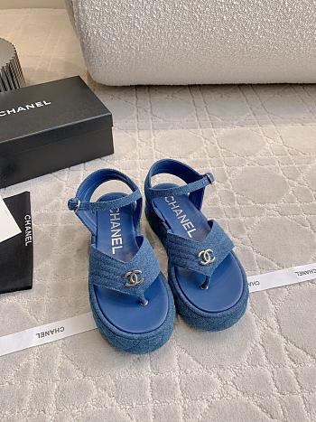 Fortok Chanel Toe-clip Thick-soled Sandals Blue Denim