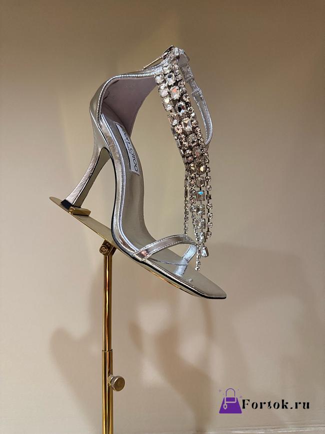 Fortok Jimmy Choo classic diamond chain pointed crystal high-heel sandals silver - 1