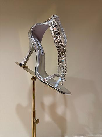 Fortok Jimmy Choo classic diamond chain pointed crystal high-heel sandals silver