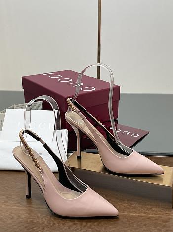 Fortok Gucci Letter Buckle Chain High-heeled Sandals Light Pink