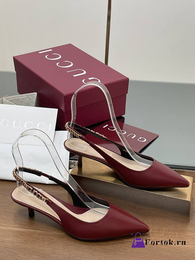 Fortok Gucci Letter Buckle Chain High-heeled Sandals Burgundy - 1