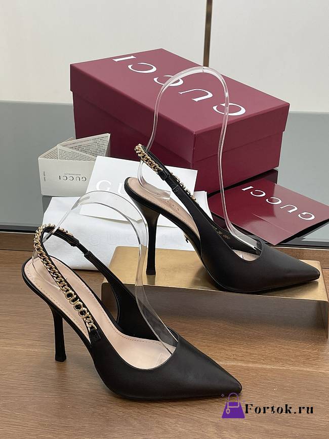 Fortok Gucci Letter Buckle Chain High-heeled Sandals Black - 1