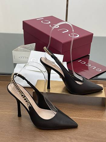 Fortok Gucci Letter Buckle Chain High-heeled Sandals Black