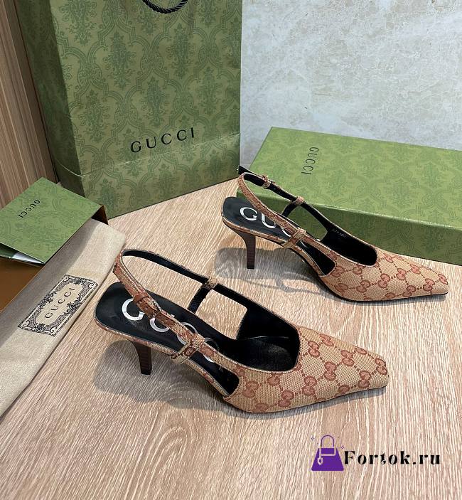 Fortok Gucci GG Pointed Toe Slingback Pumps Dark Brown & Beige - 1