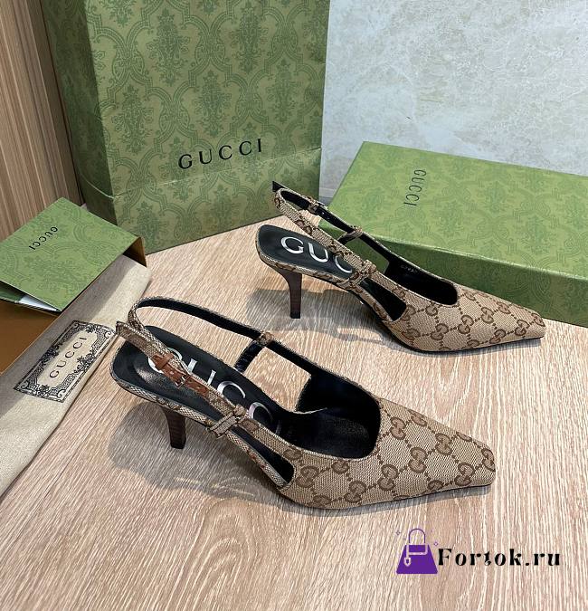 Fortok Gucci GG Pointed Toe Slingback Pumps Brown & Beige - 1