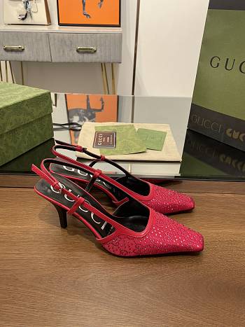 Fortok Gucci GG Slingback 75mm Pump Pink Moire Fabric GG Crytsal Applique