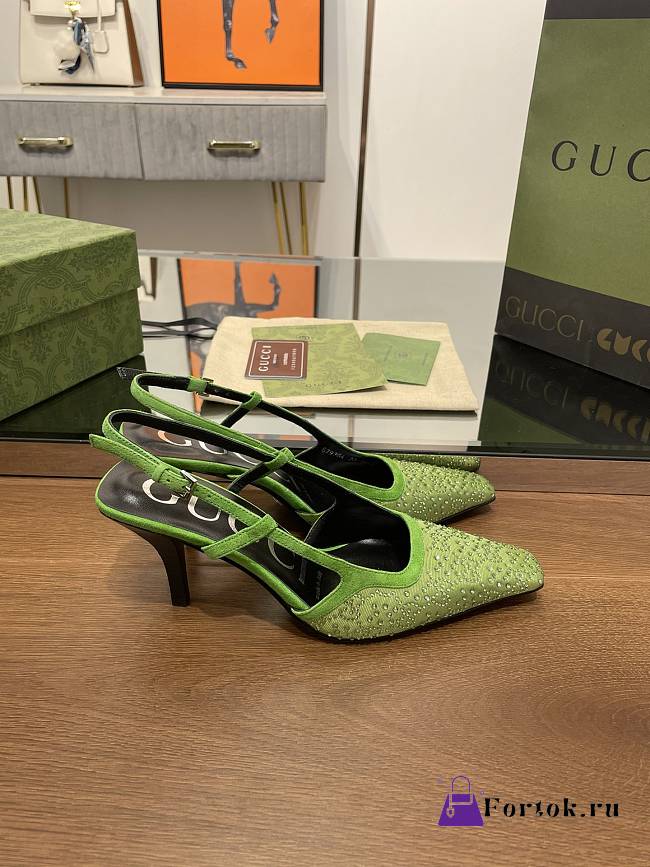Fortok Gucci GG Slingback 75mm Pump Green Moire Fabric GG Crytsal Applique - 1
