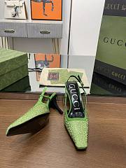 Fortok Gucci GG Slingback 75mm Pump Green Moire Fabric GG Crytsal Applique - 2