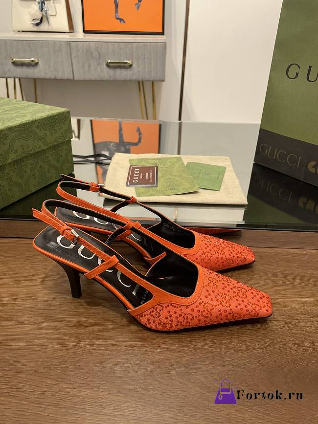Fortok Gucci GG Slingback 75mm Pump Organe Moire Fabric GG Crytsal Applique - 1