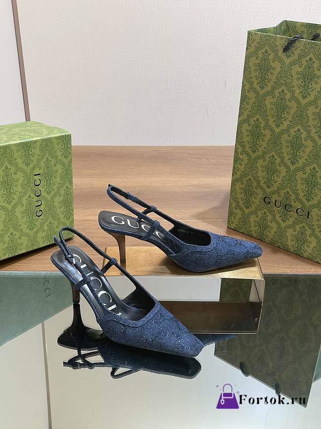 Fortok Gucci GG Slingback 75mm Pump Dark Blue Moire Fabric GG Crytsal Applique - 1