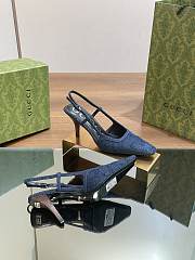 Fortok Gucci GG Slingback 75mm Pump Dark Blue Moire Fabric GG Crytsal Applique - 4