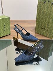 Fortok Gucci GG Slingback 75mm Pump Dark Blue Moire Fabric GG Crytsal Applique - 3