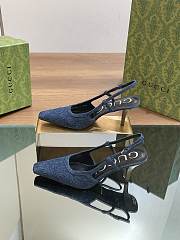 Fortok Gucci GG Slingback 75mm Pump Dark Blue Moire Fabric GG Crytsal Applique - 2