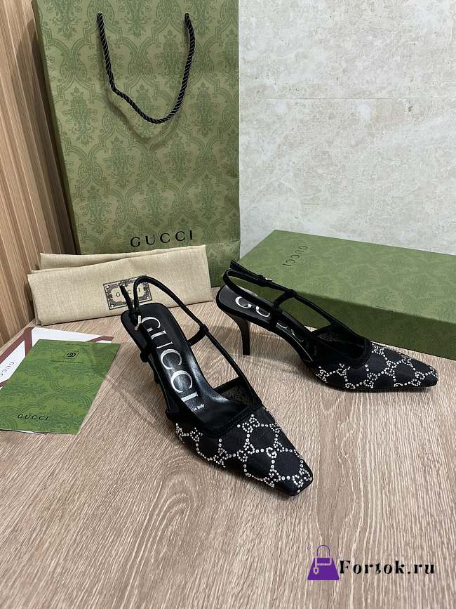 Fortok Gucci GG Crystal Lace Mesh Fabric Pumps Black - 1