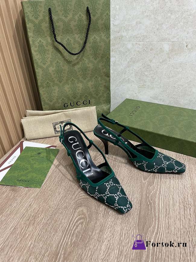 Fortok Gucci GG Crystal Lace Mesh Fabric Pumps Green - 1