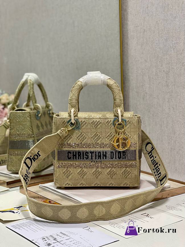 Fortok Dior Medium Lady D-lite Bag Beige M898377 24x20x11cm  - 1