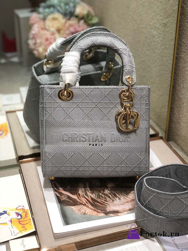 Fortok  Dior Medium Lady D-Lite Canvas Embroidered Grey M909601 24x20x11cm - 1