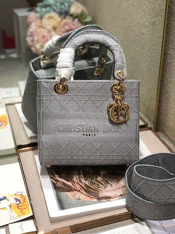 Fortok  Dior Medium Lady D-Lite Canvas Embroidered Grey M909601 24x20x11cm
