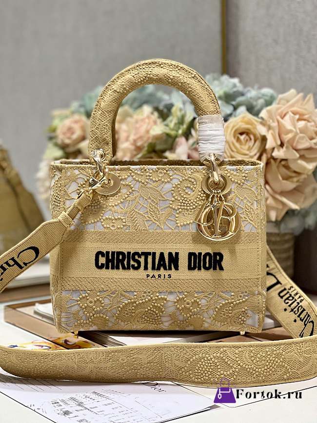 Fortok Dior Medium Lady D-lite Bag Yellow M898372 24x20x11cm - 1