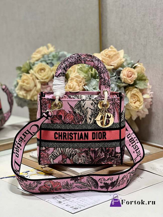 Fortok  Dior Medium Lady D-lite Bag Fuchsia Multicolor M898371 24x20x11cm  - 1