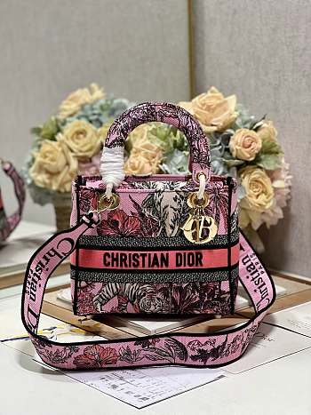 Fortok  Dior Medium Lady D-lite Bag Fuchsia Multicolor M898371 24x20x11cm 