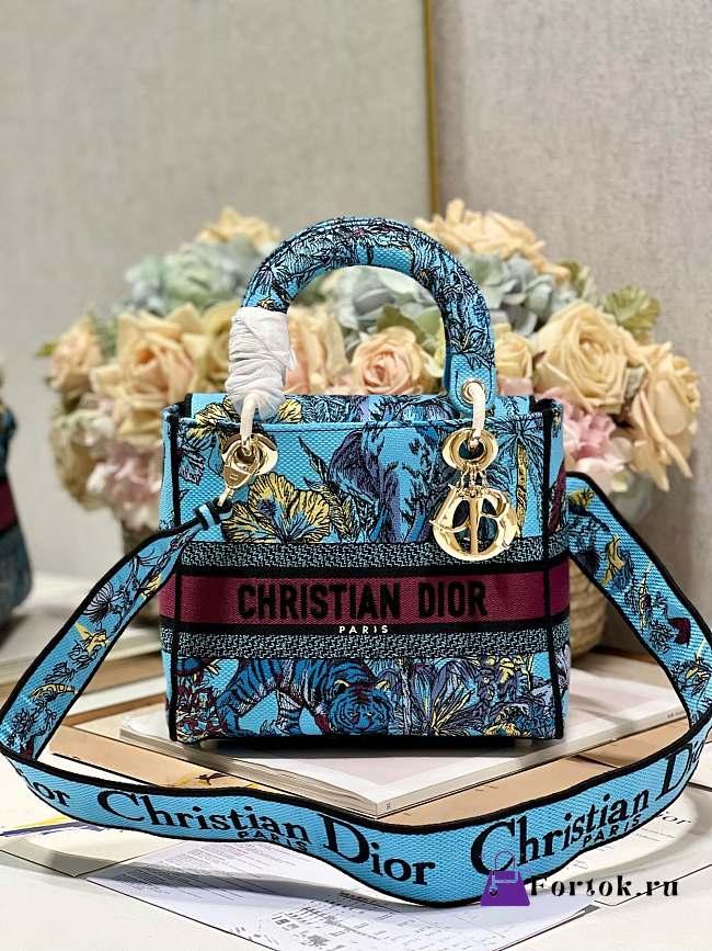Fortok Dior Medium Lady D-lite Bag Celestial Blue Multicolor M898370 24x20x11cm - 1