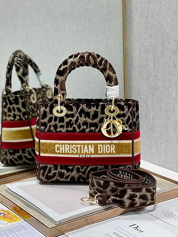 Fortok Dior Lady Dee Light Leopard Brown/Red/Yellow Velvet M898352 24x20x11cm 