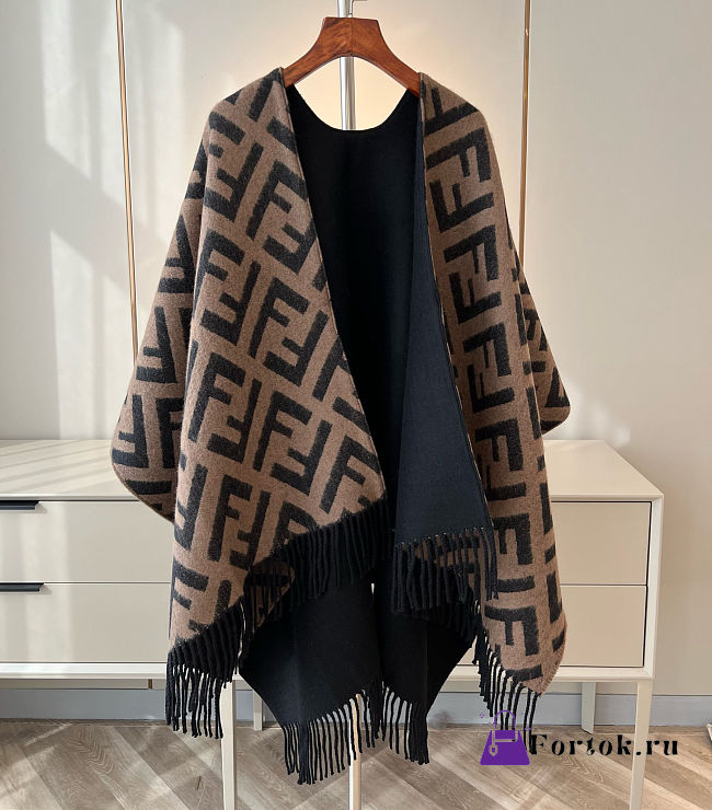 Fortok Fendi Women's Wool Poncho Brown And Black 140x150cm - 1