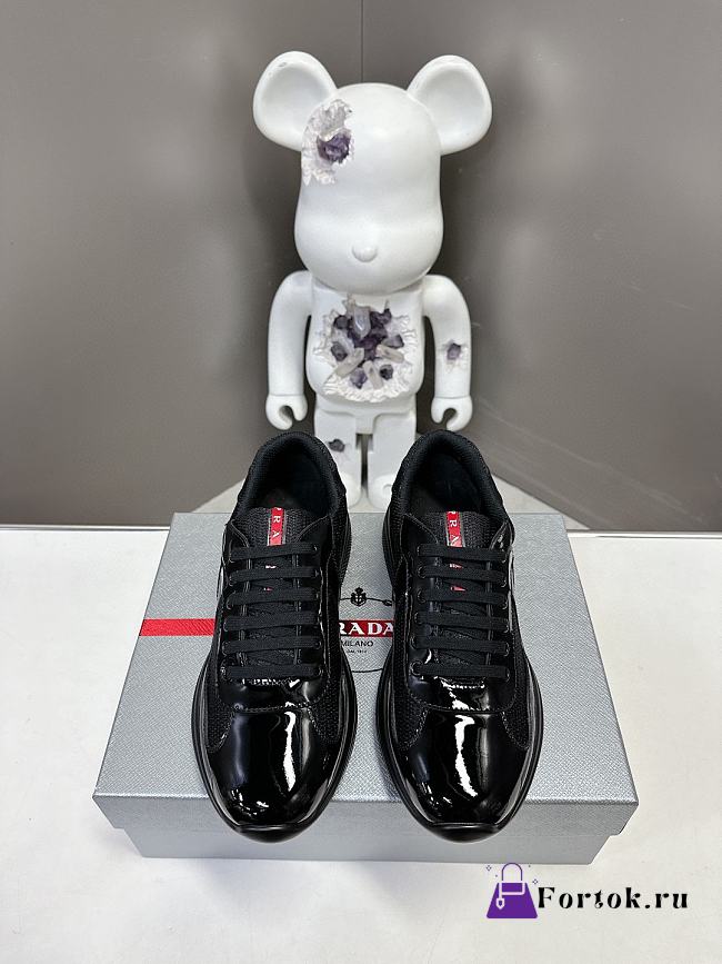 Fortok Prada America's Cup Patent Leather Anthracite Grey / Silver Low Top Sneakers Full Black - 1